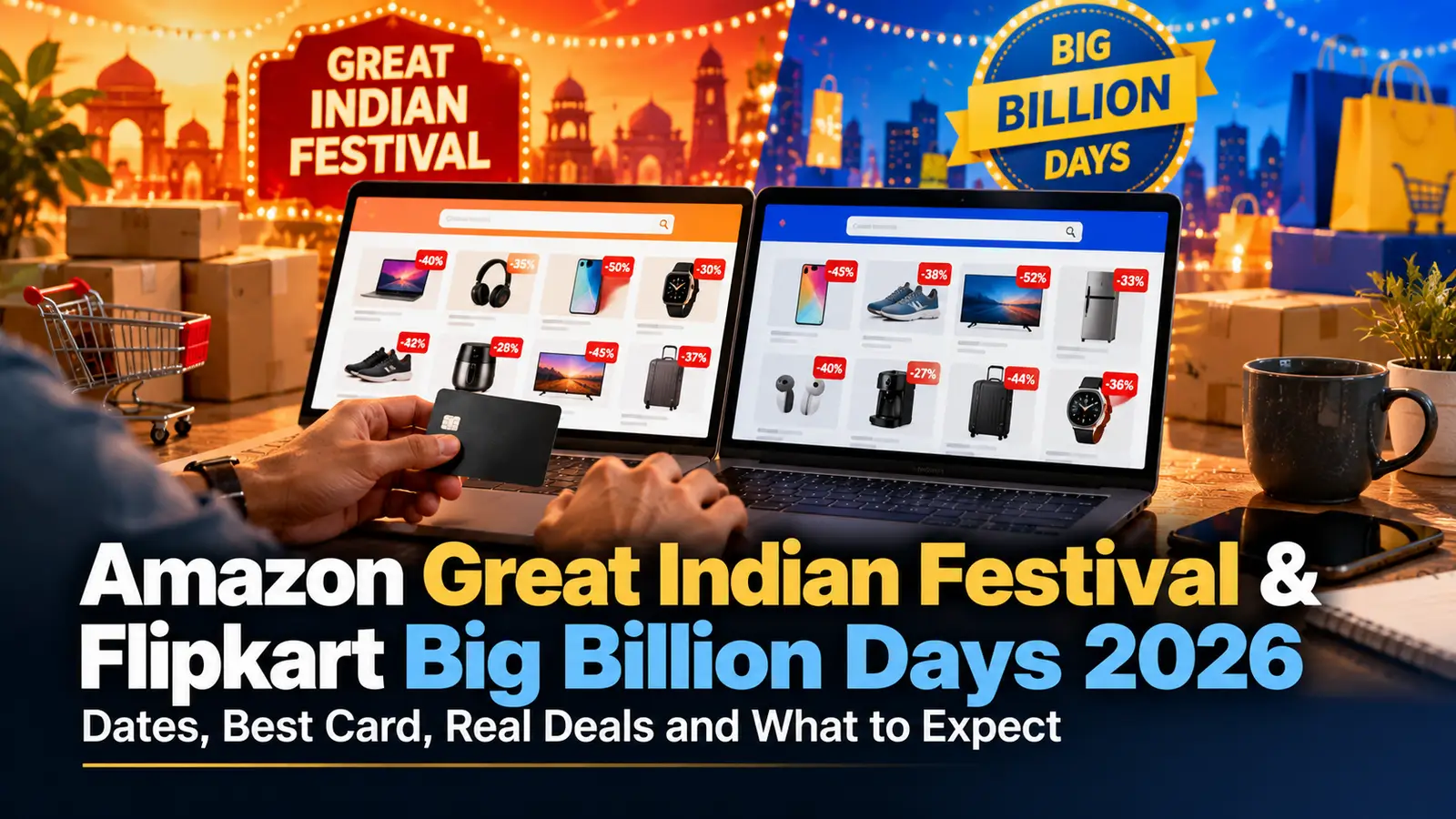 Shopper with a credit card at two laptops showing Amazon Great Indian Festival and Flipkart Big Billion Days deals, headline: Amazon Great Indian Festival & Flipkart Big Billion Days 2026 – Dates, Best Card, Real Deals and What to Expect