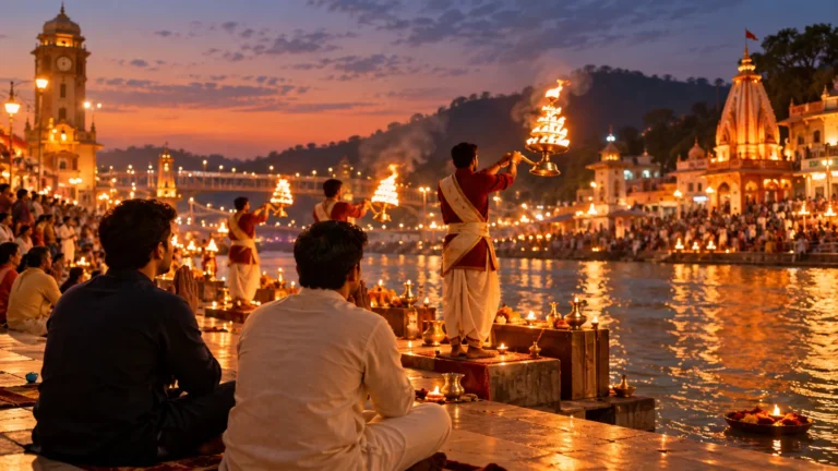 Priests performing the evening Ganga Aarti with large brass lamps on the ghats of Har Ki Pauri in Haridwar at dusk, with devotees seated by the river