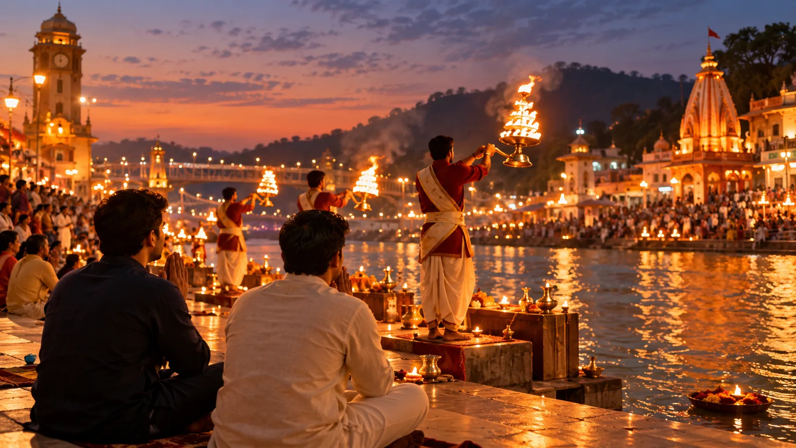 Priests performing the evening Ganga Aarti with large brass lamps on the ghats of Har Ki Pauri in Haridwar at dusk, with devotees seated by the river