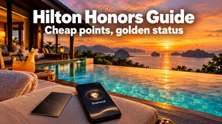 Infinity pool villa at sunset overlooking islands with a phone showing Diamond status, headline Hilton Honors Guide