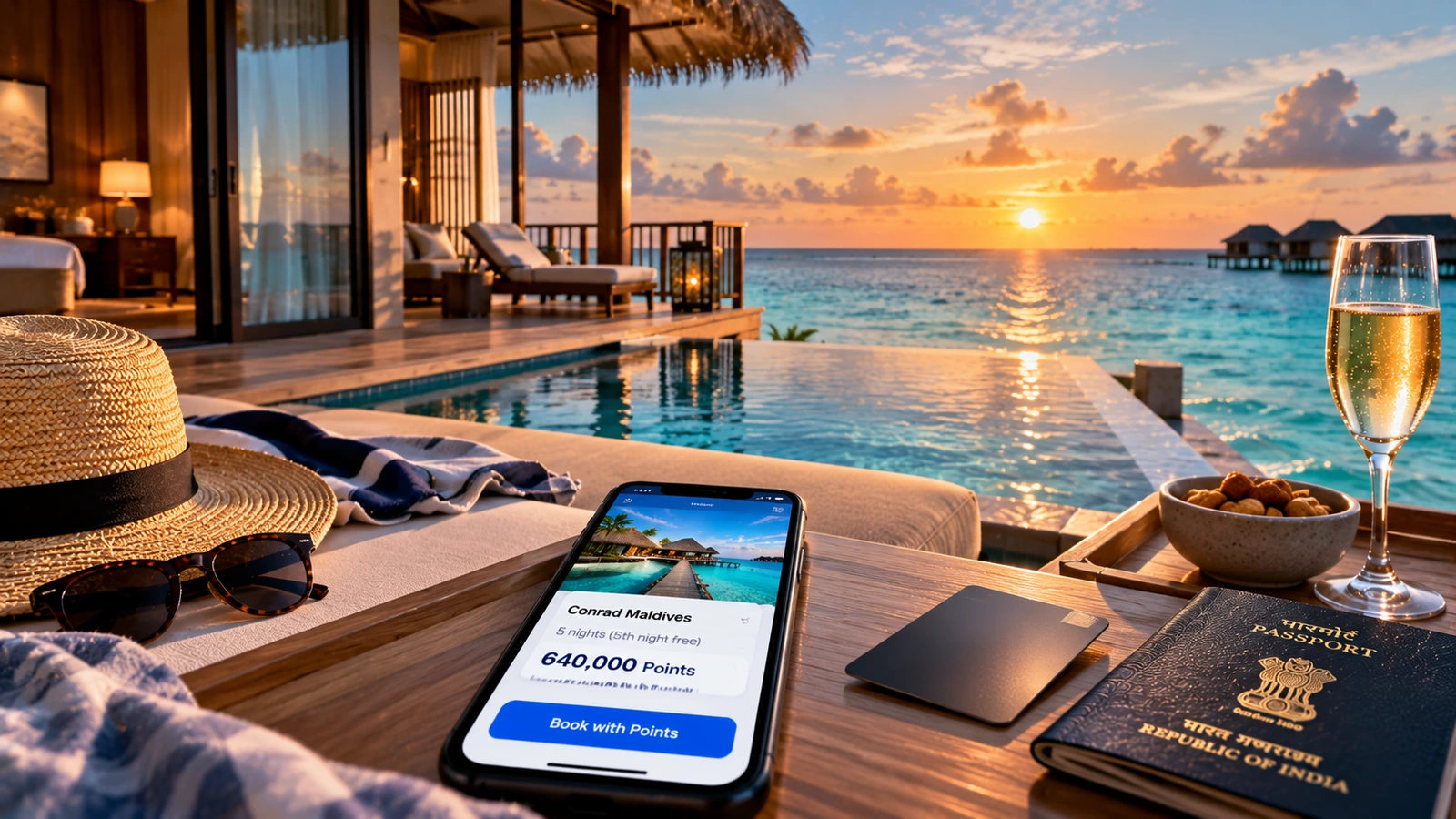 Hilton Honors 120% bonus featured image: a phone showing Conrad Maldives for 640,000 points for 5 nights by an overwater villa pool at sunset, with an Indian passport and a credit card