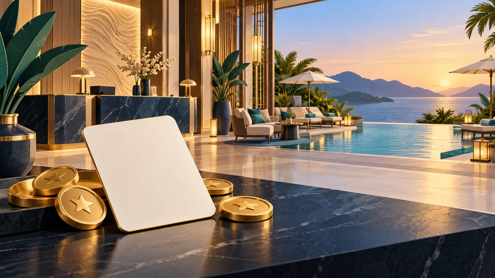 Original illustration of a fictional hotel lobby, pool terrace, room key and gold reward tokens.