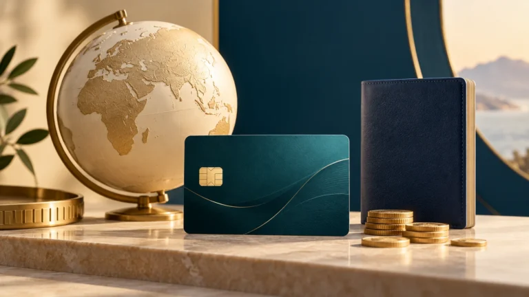 Original illustration of an unbranded payment card, globe and blank travel booklet for foreign-currency spending.