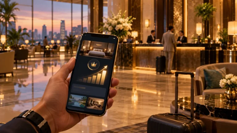 Traveller holding a phone showing a hotel loyalty app with rising points in a luxury hotel lobby at dusk