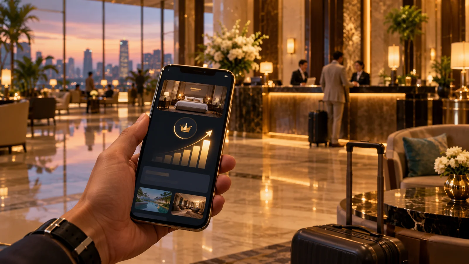 Traveller holding a phone showing a hotel loyalty app with rising points in a luxury hotel lobby at dusk