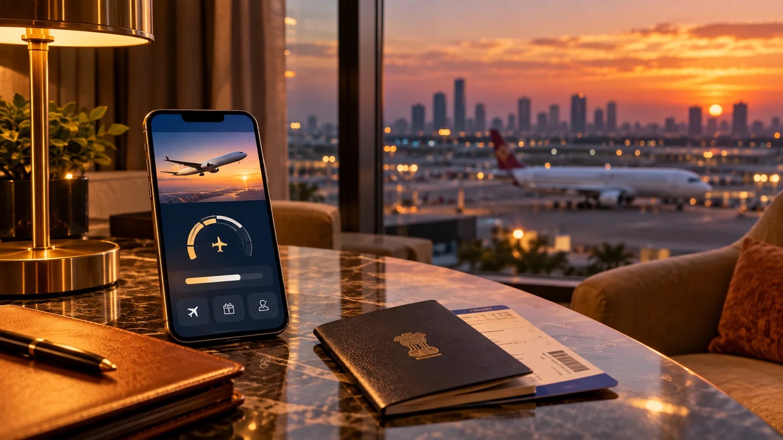 Hotel room desk with a phone showing an airline loyalty app, a passport and an aircraft outside the window at dusk