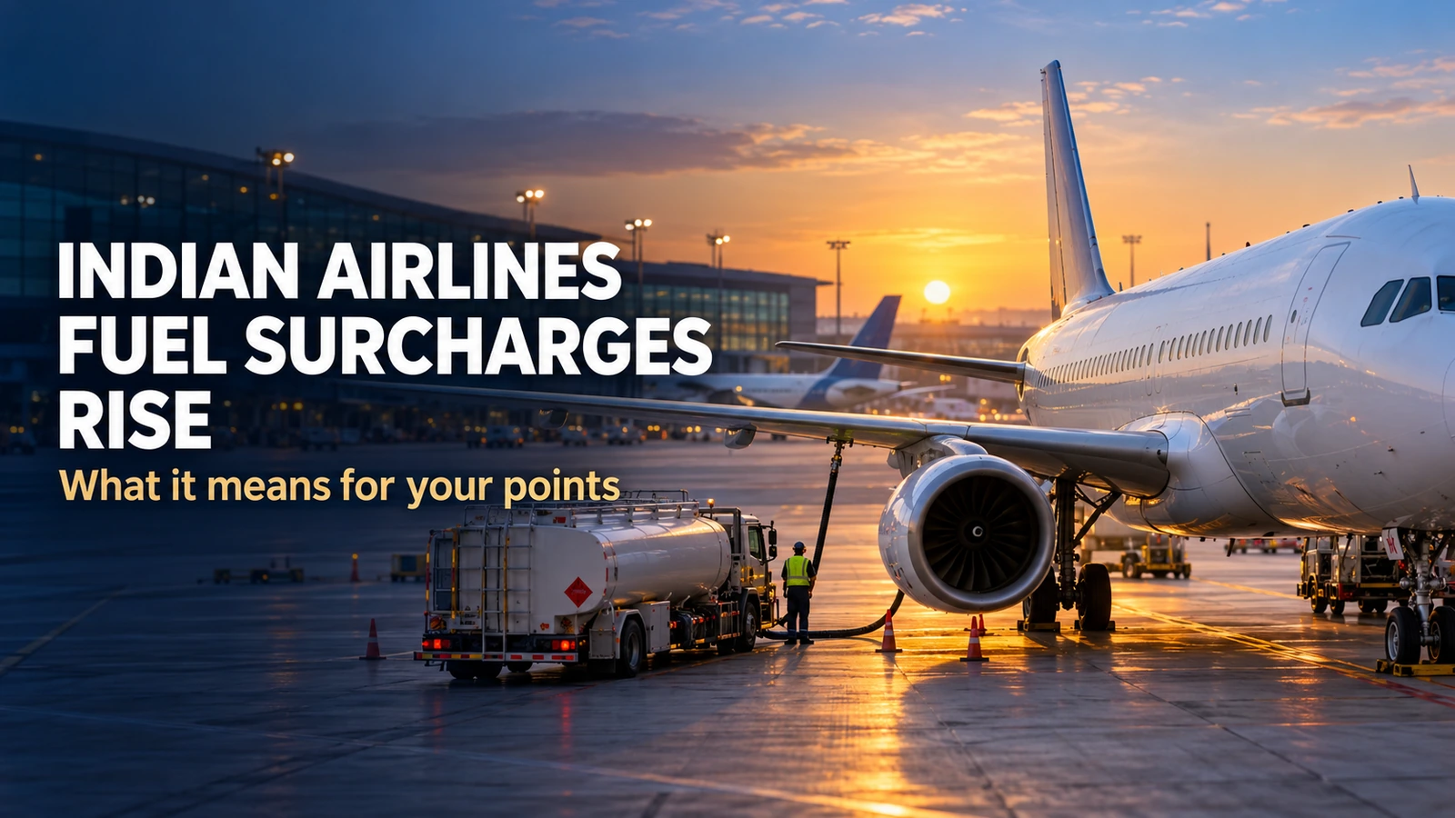 Featured image: Indian airlines fuel surcharges rise, what it means for your points, with a fuel truck refuelling a passenger jet at an airport at sunset