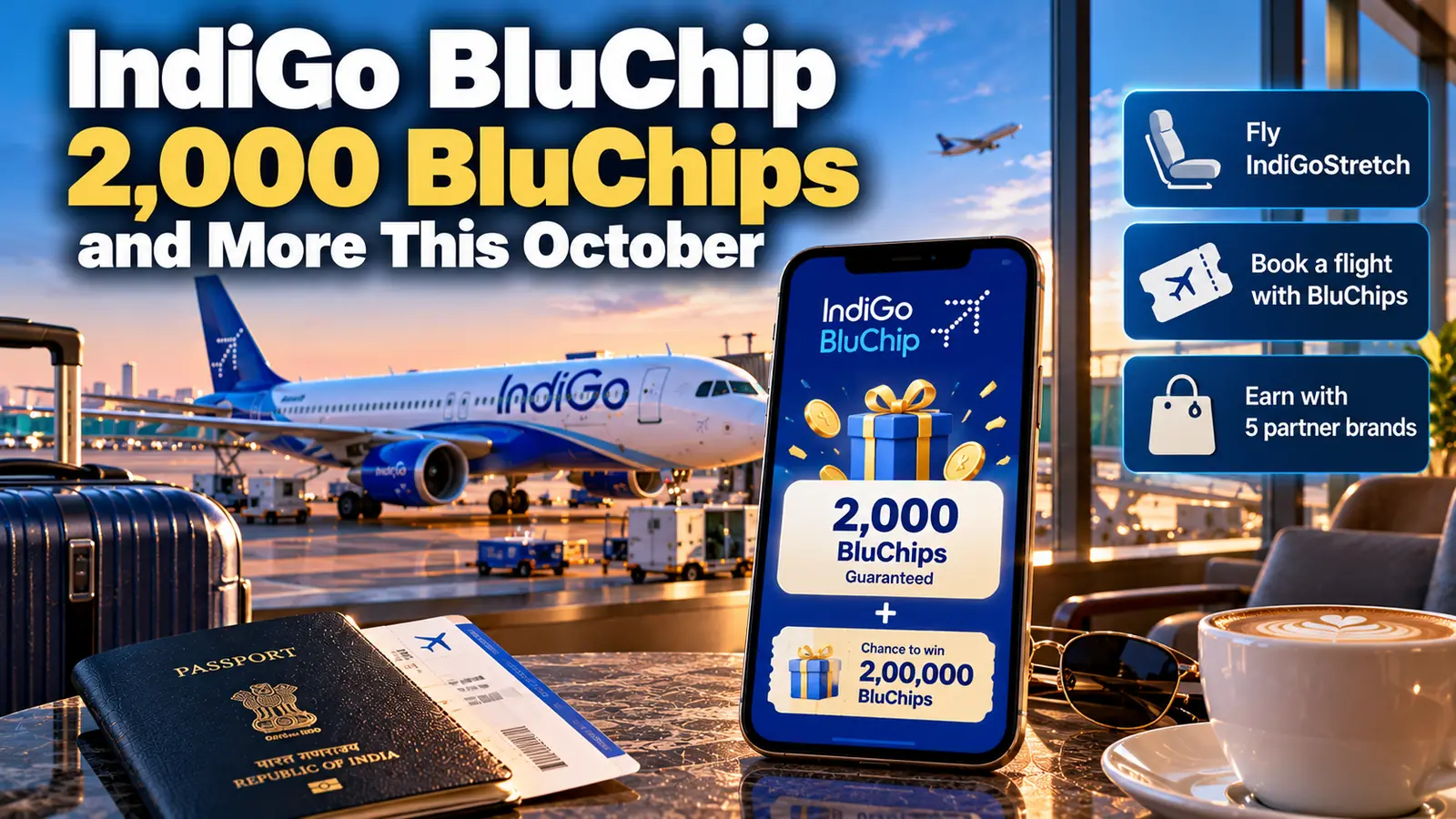 IndiGo BluChip anniversary graphic: an IndiGo plane at the gate, a phone showing 2,000 BluChips guaranteed plus a chance to win 2,00,000 BluChips, and the three challenges: fly IndiGoStretch, book a flight with BluChips, earn with 5 partner brands