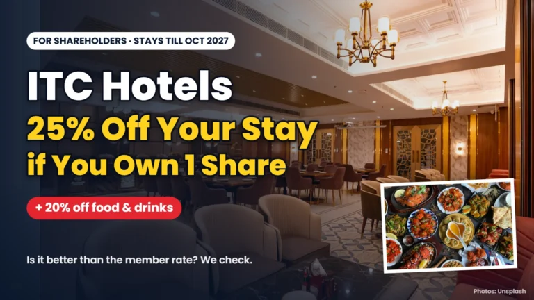 Hotel restaurant interior and an Indian food spread with headline: ITC Hotels 25% off your stay for shareholders, plus 20% off food and drinks
