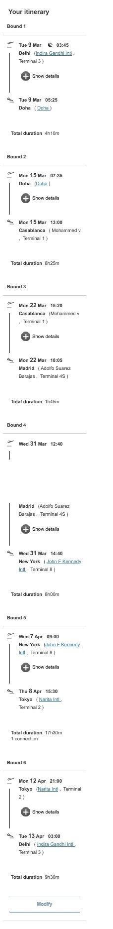 JAL oneworld award itinerary: Delhi, Doha, Casablanca, Madrid, New York, Tokyo, Delhi, March to April 2027