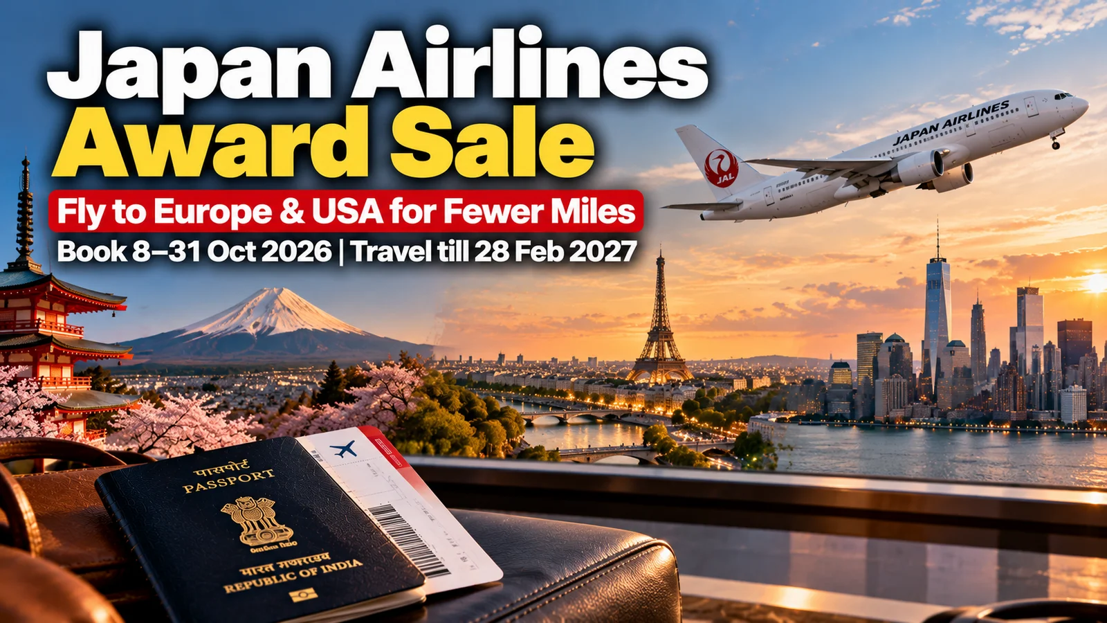 Featured image: Japan Airlines award sale, fly to Europe and USA for fewer miles, book 8 to 31 October 2026, travel till 28 February 2027, with Mount Fuji, Paris, New York, a plane and an Indian passport