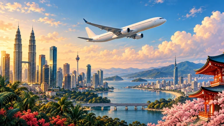 Illustration of Japan travel via Kuala Lumpur with an unbranded aircraft