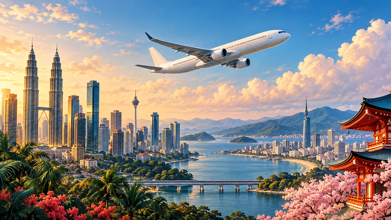 Illustration of Japan travel via Kuala Lumpur with an unbranded aircraft