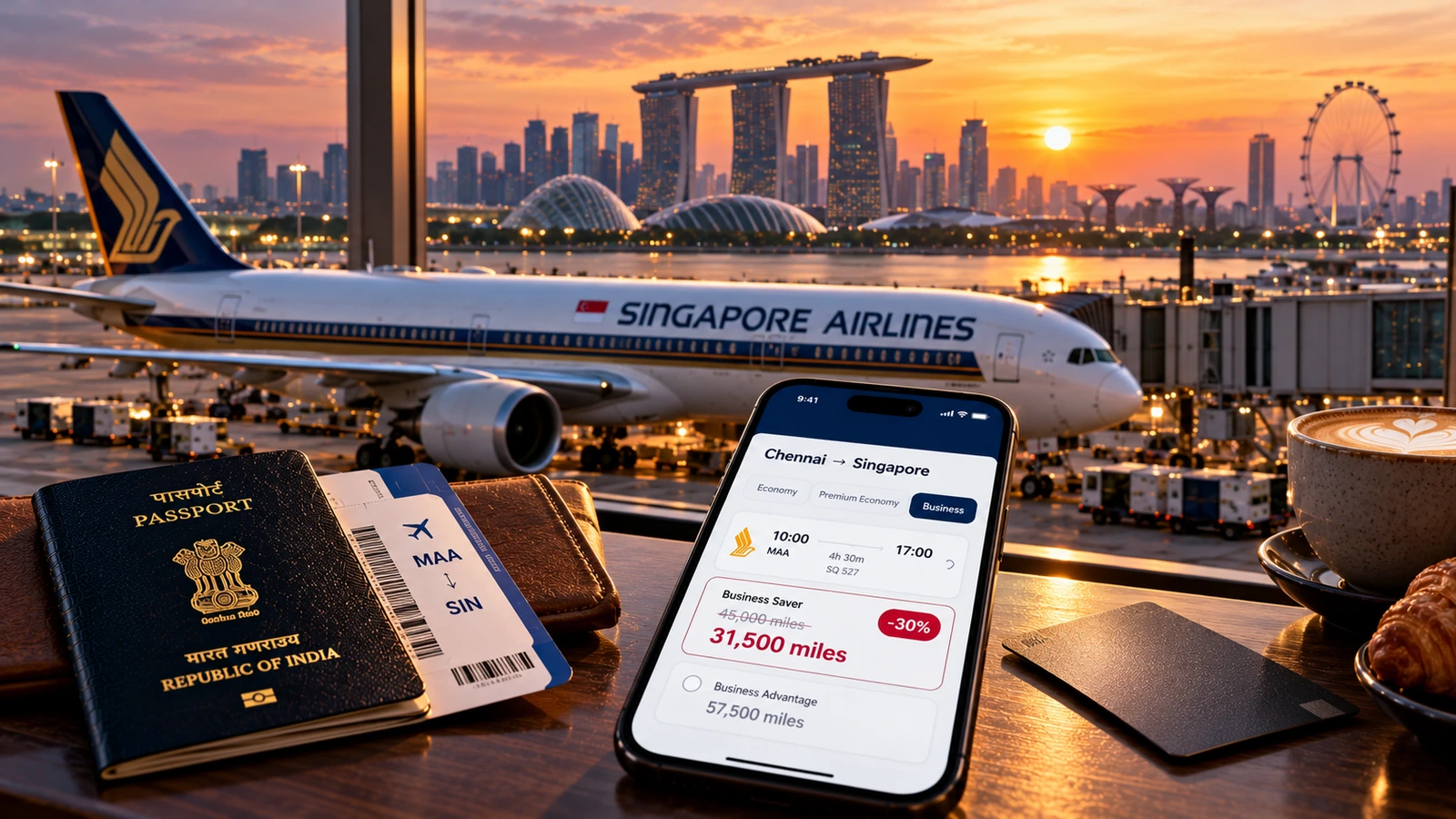 KrisFlyer Spontaneous Escapes featured image: Singapore Airlines plane at Changi and a phone showing Chennai to Singapore business Saver for 31,500 miles, 30% off 45,000