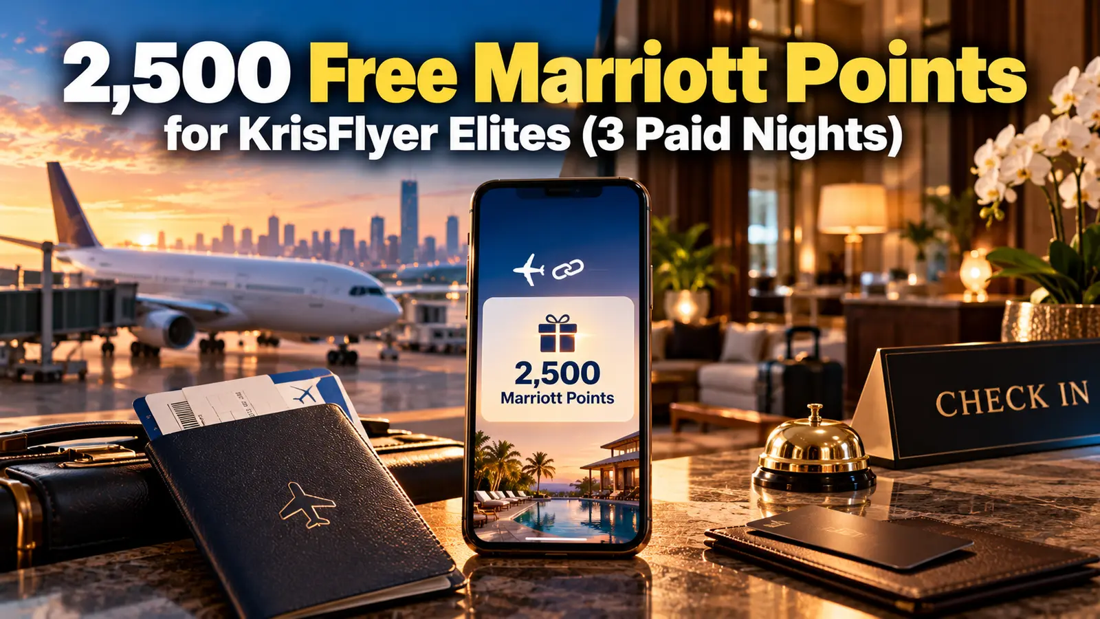 Graphic: 2,500 Free Marriott Points for KrisFlyer Elites (3 Paid Nights), with a phone showing 2,500 Marriott points and a hotel check-in desk