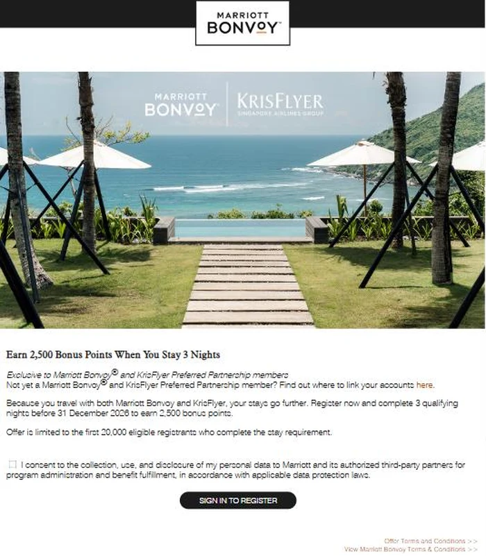 Marriott Bonvoy and KrisFlyer offer page: Earn 2,500 bonus points when you stay 3 nights, limited to the first 20,000 eligible registrants, with a consent box and Sign in to register button
