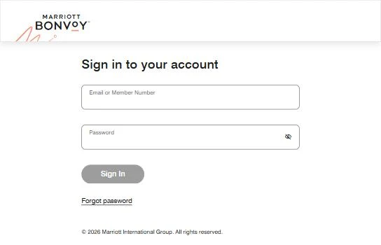 Marriott Bonvoy sign-in page with empty email or member number and password fields, step 2 of registering for the KrisFlyer 2,500 bonus points offer