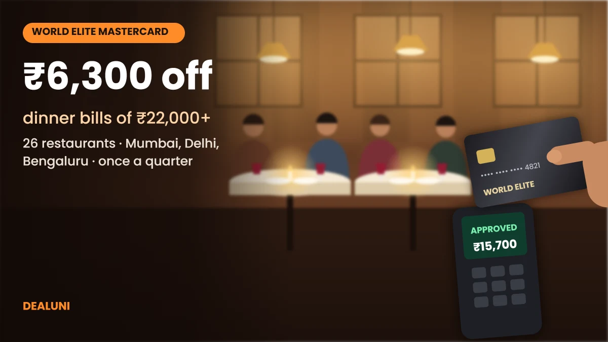 Diners at a restaurant while a guest taps a World Elite card on a payment terminal: ₹6,300 off bills of ₹22,000