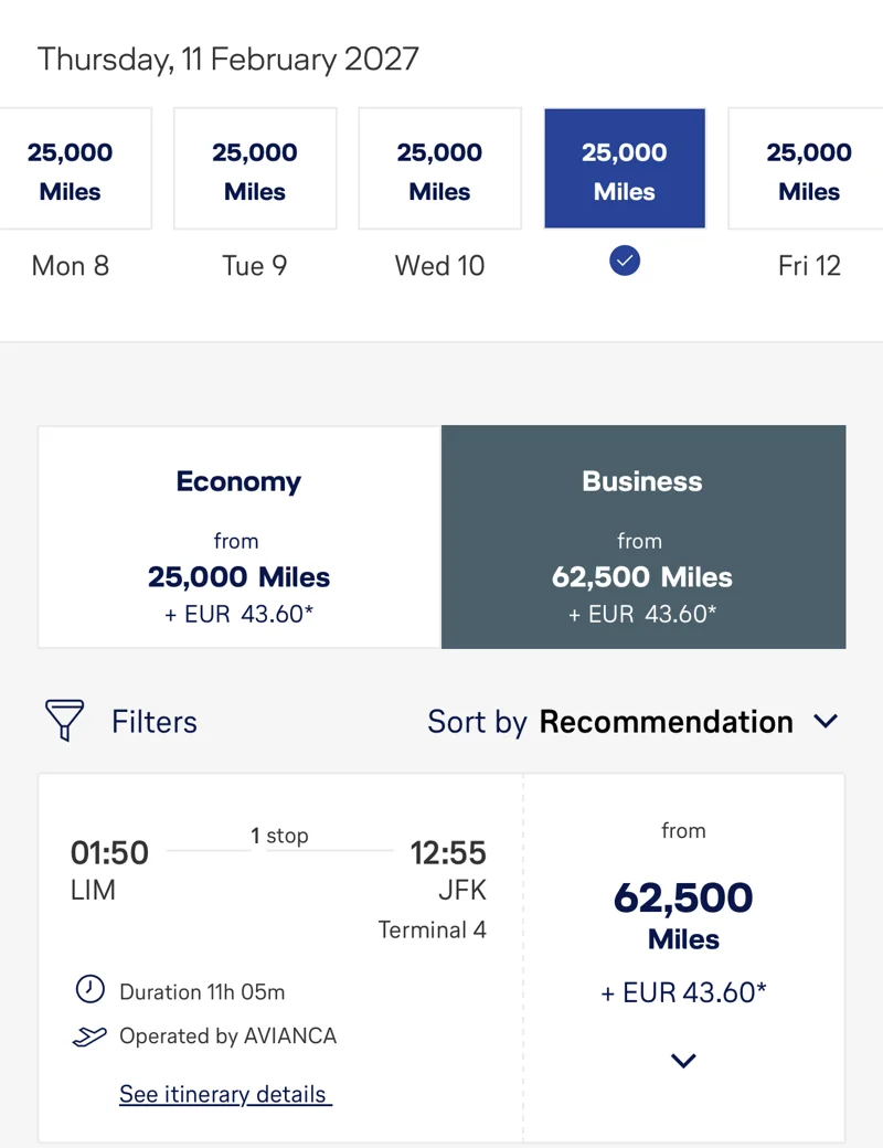 Miles and More award search Lima to New York on Avianca, 62,500 miles plus 43.60 euros in business