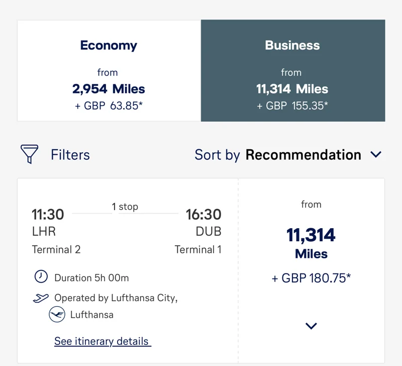 Miles and More award search London Heathrow to Dublin on Lufthansa, 11,314 miles plus 155 to 181 pounds in business
