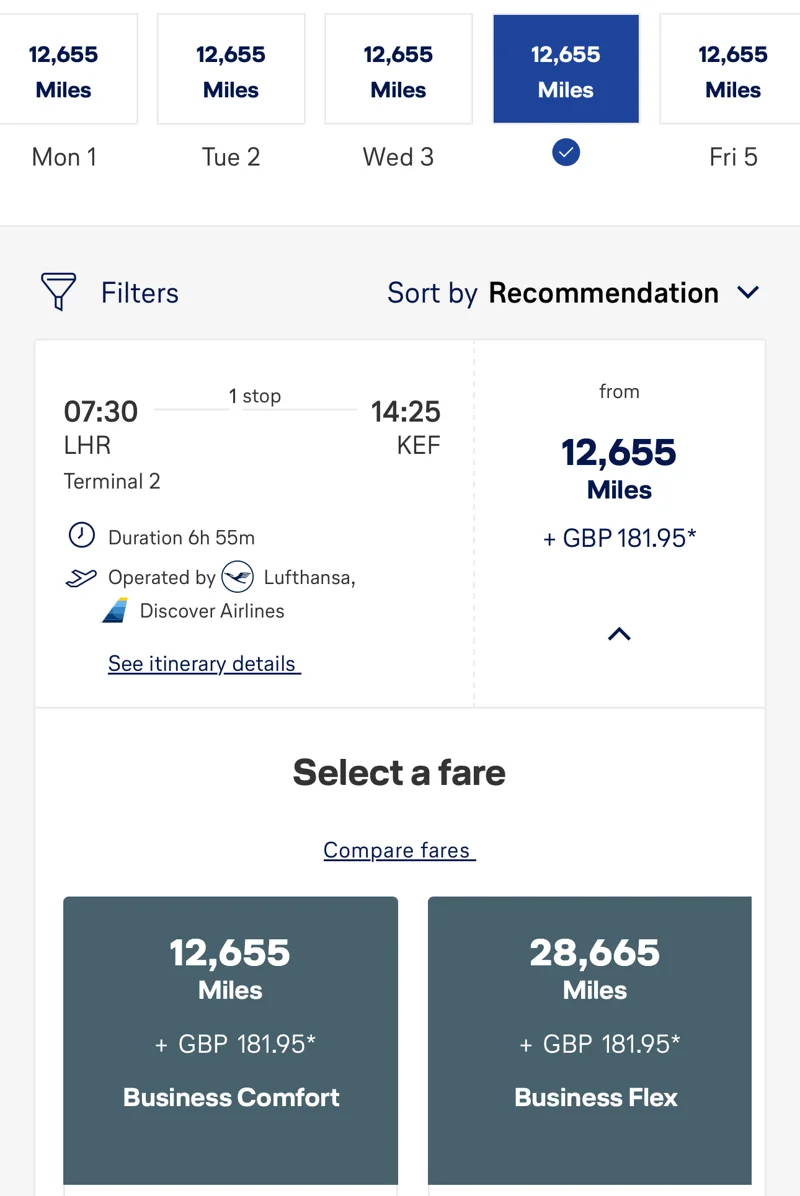 Miles and More award search London Heathrow to Reykjavik on Lufthansa and Discover Airlines, 12,655 miles plus 181.95 pounds in Business Comfort