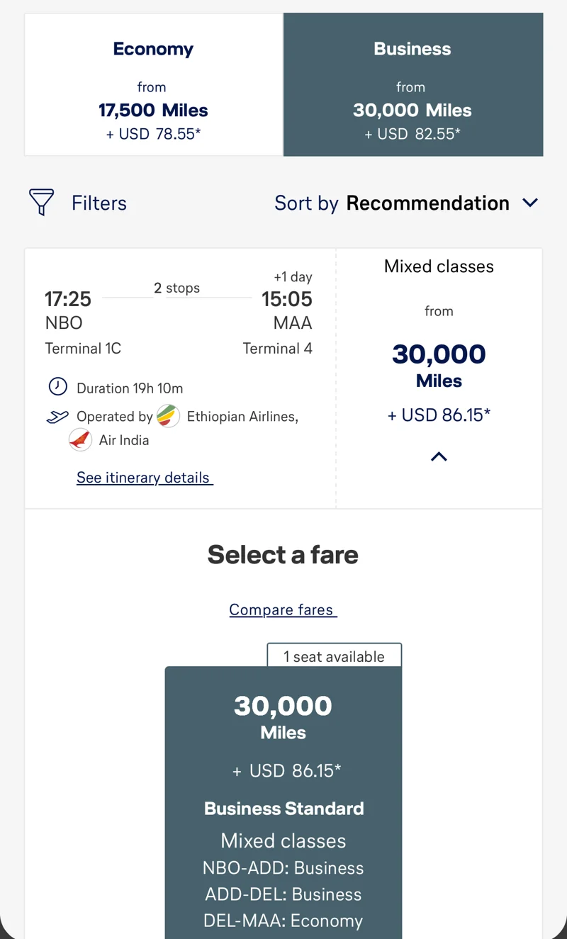 Miles and More award search Nairobi to Chennai on Ethiopian Airlines and Air India, 30,000 miles plus 86.15 US dollars in business