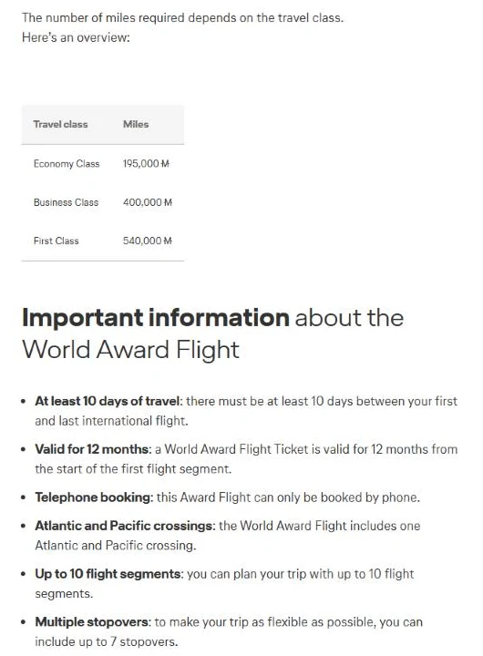 Miles and More World Award Flight chart showing 195,000 economy, 400,000 business and 540,000 first class miles