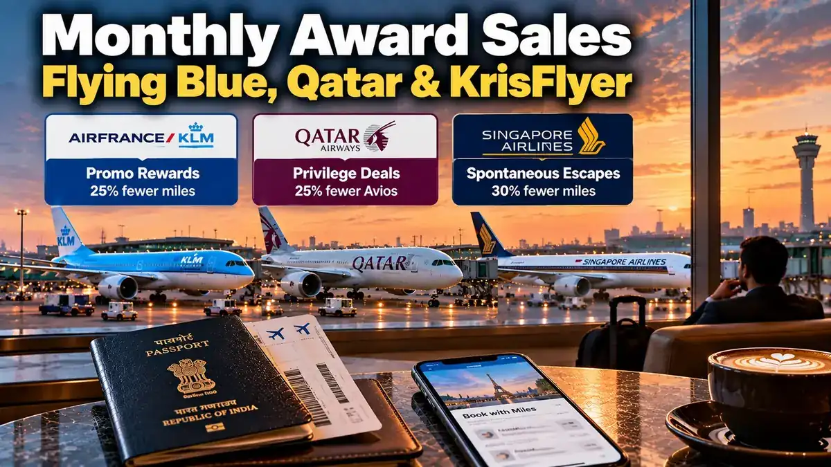 Monthly award sales featured image: Air France-KLM Promo Rewards, Qatar Privilege Deals and Singapore Airlines Spontaneous Escapes with planes at an airport