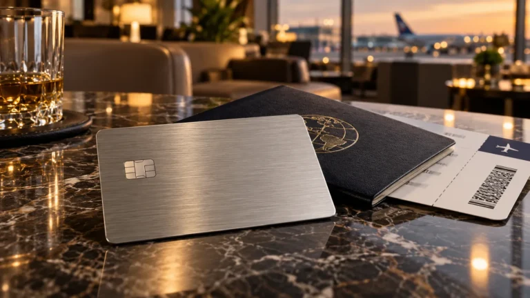PNB Luxura metal credit card on a marble table in an airport lounge, next to a passport and boarding pass