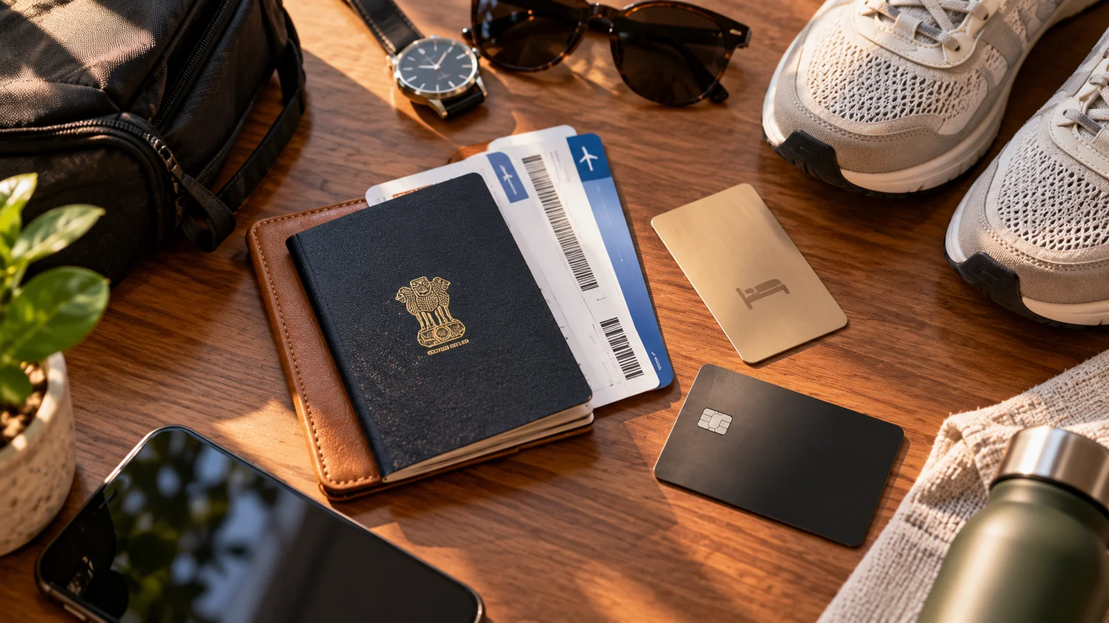 Flat-lay of passport, boarding passes, hotel key card and a credit card on a wooden table