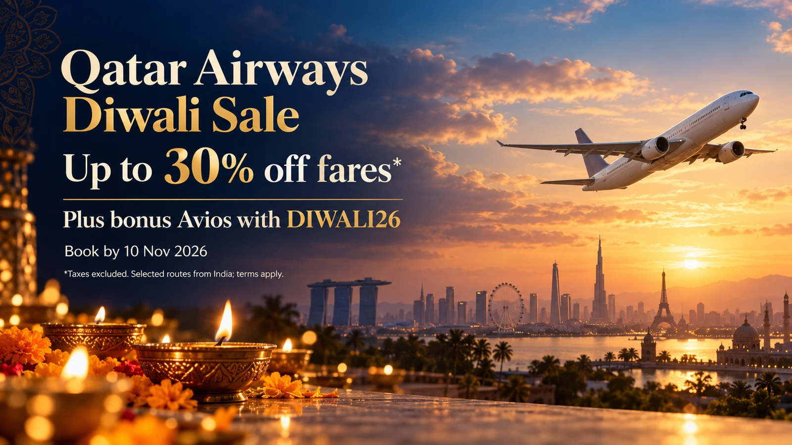 Qatar Airways Diwali sale from India: up to 30% off fares plus bonus Avios with DIWALI26