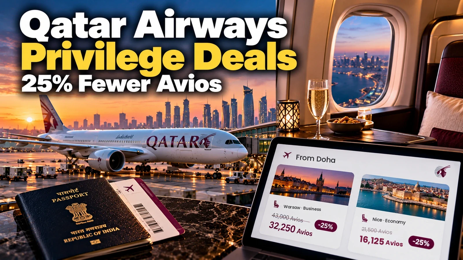 Qatar Airways Privilege Deals featured image: 25% fewer Avios, with a Qatar Airways plane in Doha, Doha to Warsaw business for 32,250 Avios and Doha to Nice economy for 16,125 Avios