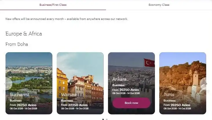 Qatar Airways Privilege Deals page for October 2026 showing business class offers from Doha to Bucharest, Warsaw, Ankara and Tunis from 26,250 Avios