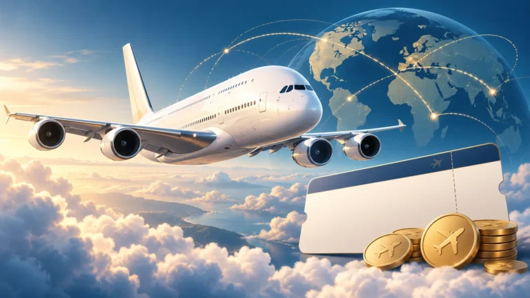 Original illustration of an unbranded passenger jet above clouds, a globe, boarding pass and gold reward tokens.