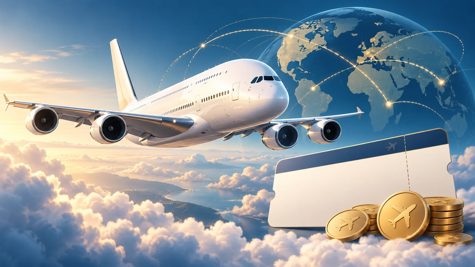 Original illustration of an unbranded passenger jet above clouds, a globe, boarding pass and gold reward tokens.