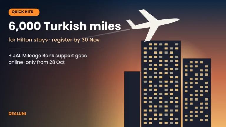 Plane over a lit hotel tower at sunset: 6,000 Turkish miles for Hilton stays and JAL Mileage Bank support going online-only