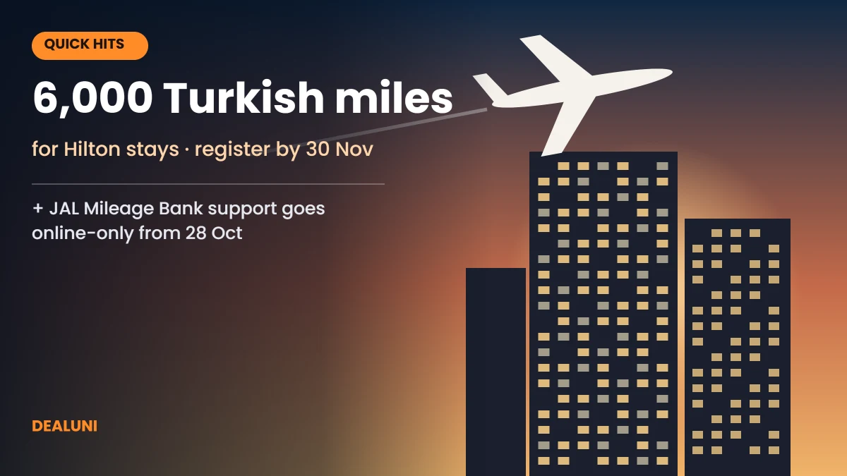 Plane over a lit hotel tower at sunset: 6,000 Turkish miles for Hilton stays and JAL Mileage Bank support going online-only