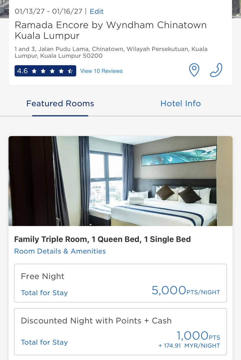 Wyndham app showing a family triple room at Ramada Encore Chinatown Kuala Lumpur for 5,000 points a night