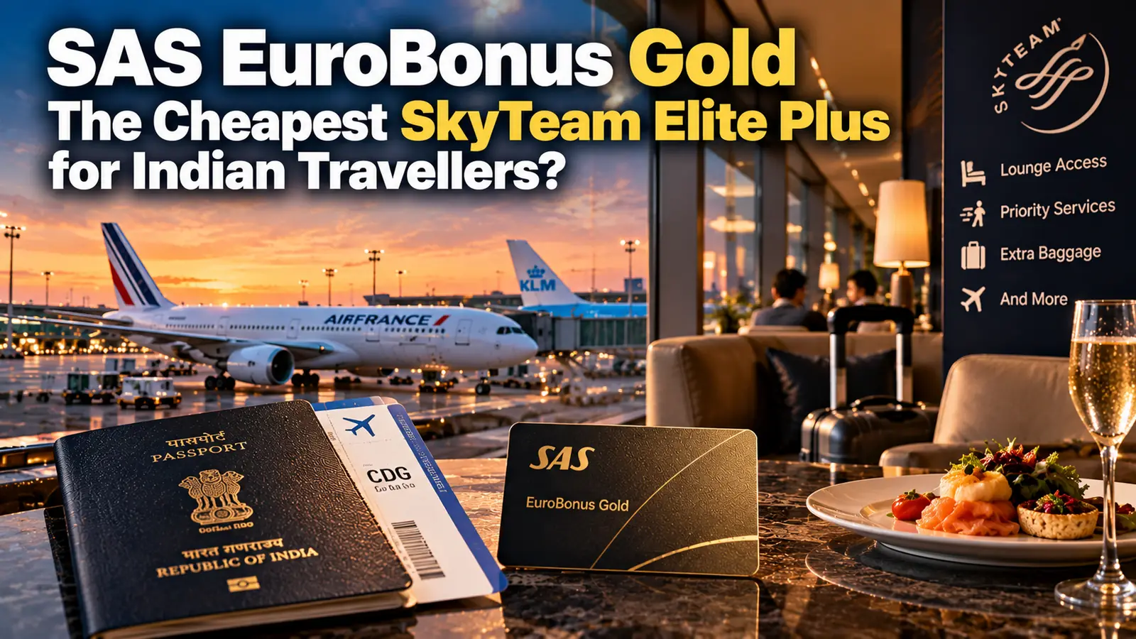 SAS EuroBonus Gold card, an Indian passport and a Paris boarding pass in an airport lounge, with Air France and KLM planes and a SkyTeam benefits sign listing lounge access, priority services and extra baggage