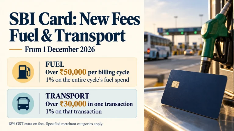 SBI Card new fees from 1 December 2026: 1% on fuel over ₹50,000 a billing cycle and on transport transactions over ₹30,000