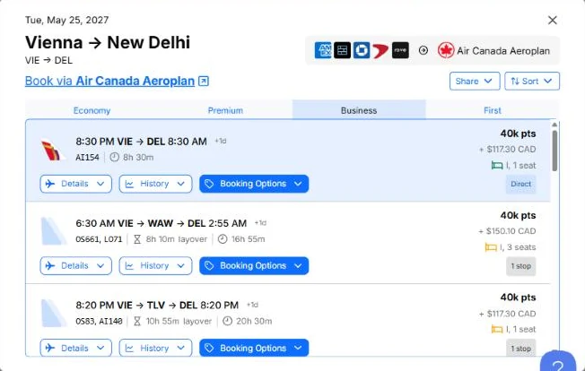 seats.aero showing Aeroplan business class Vienna to Delhi on 25 May 2027: Air India AI154 nonstop for 40,000 points plus 117 Canadian dollars, and Austrian and LOT via Warsaw for 40,000 points plus 150 Canadian dollars