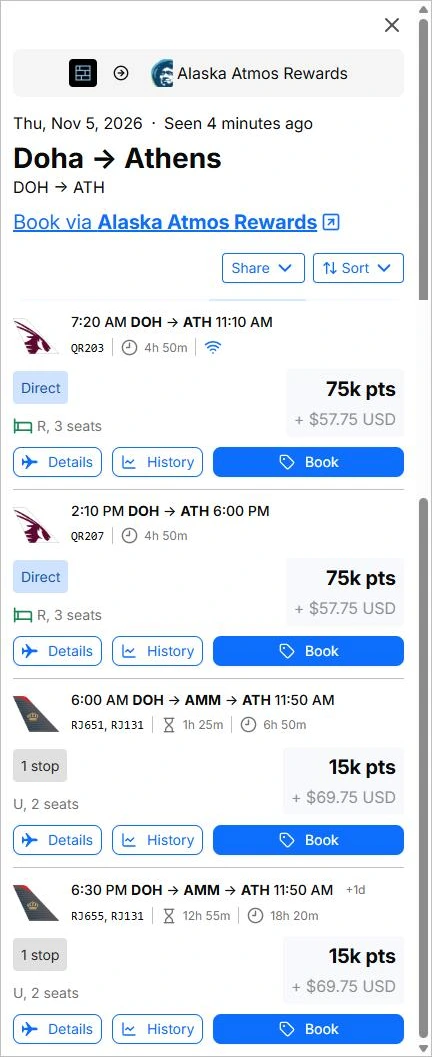 seats.aero business fares for Doha to Athens on 5 Nov 2026: Qatar nonstop 75,000 Atmos points, Royal Jordanian via Amman 15,000 points