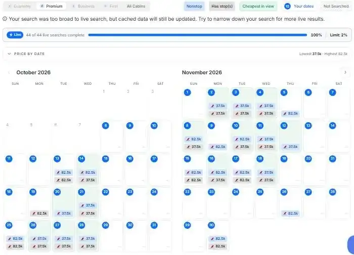 seats.aero calendar of Flying Blue premium economy awards from Bangalore to Amsterdam, October and November 2026