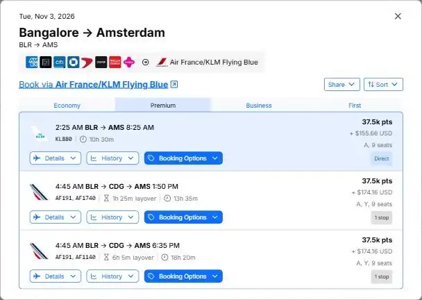 seats.aero result for KLM KL880 Bangalore to Amsterdam on 3 November 2026 in premium economy for 37,500 Flying Blue miles plus 155.66 US dollars