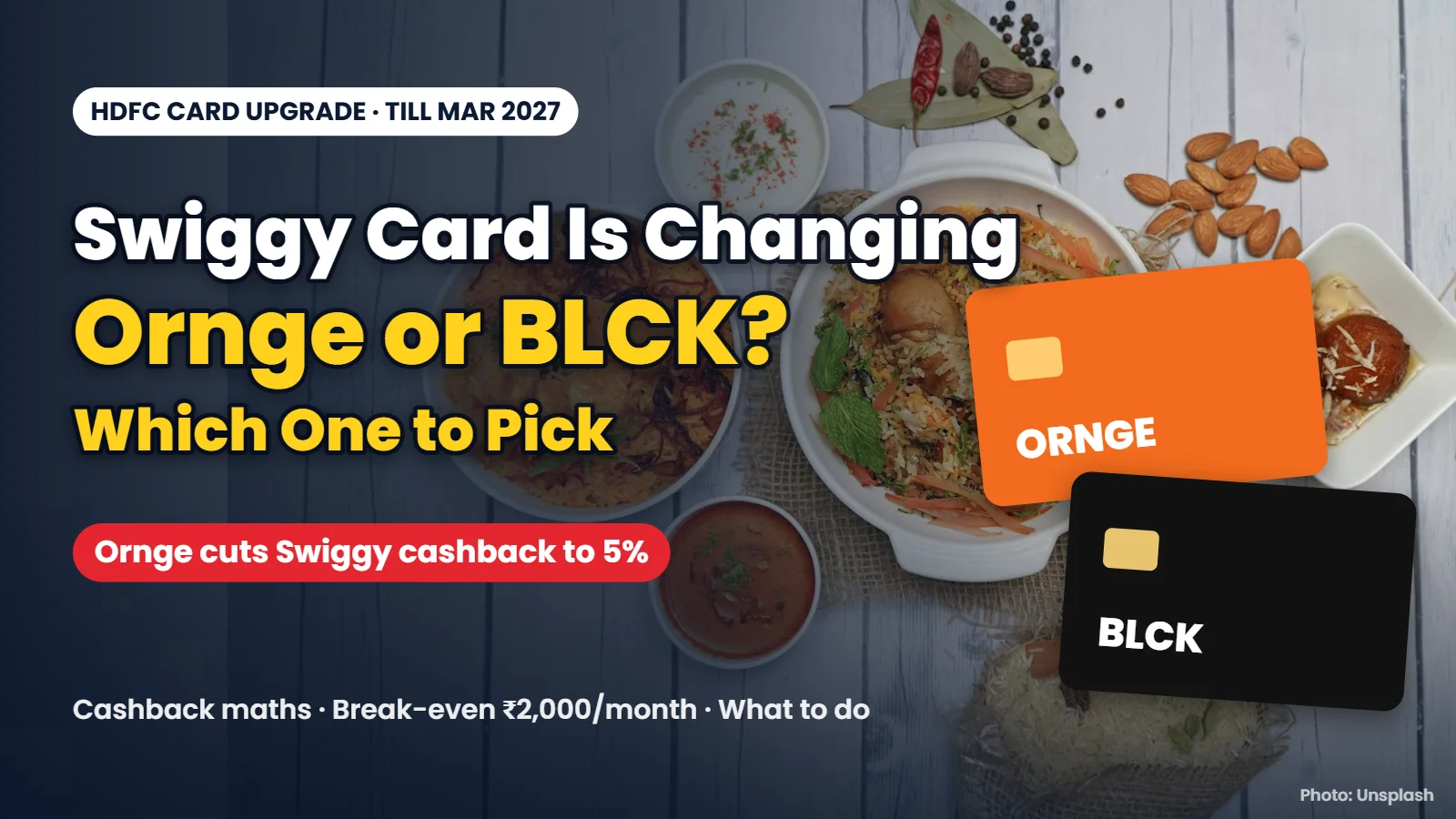 Indian food spread with orange and black credit cards and headline: Swiggy card is changing, Ornge or BLCK, which one to pick
