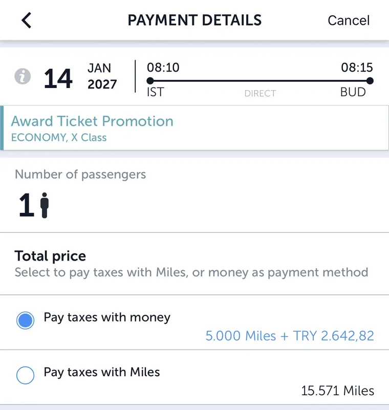 Turkish Airlines payment screen for Istanbul to Budapest on 14 Jan 2027: 5,000 Miles plus TRY 2,642.82 taxes, or 15,571 miles to pay taxes with miles