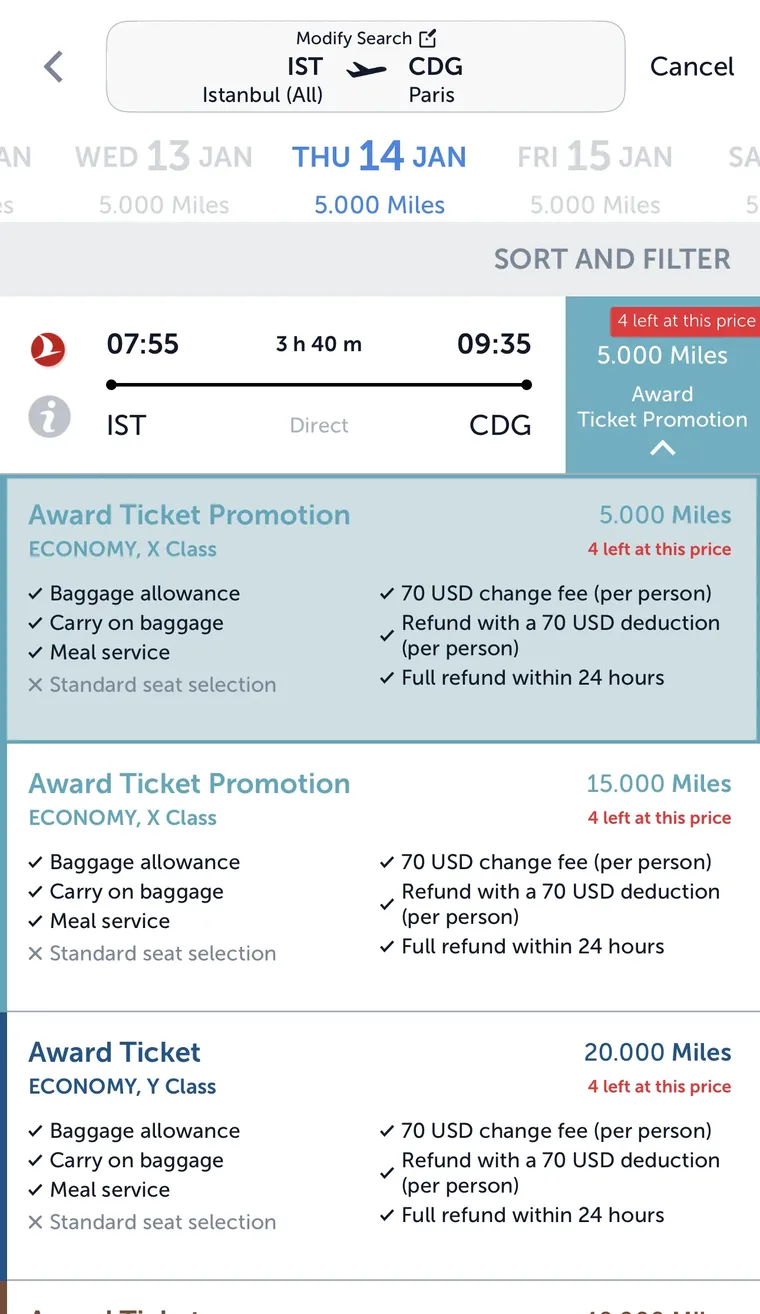 Turkish Airlines app showing Istanbul to Paris CDG economy Award Ticket Promotion at 5,000 Miles on 14 Jan 2027, 4 left at this price, with a 70 USD change fee