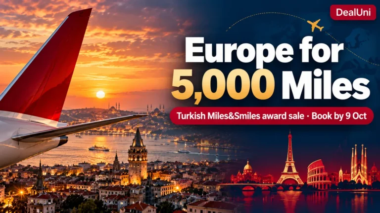 Europe for 5,000 Miles: Turkish Miles&Smiles award sale banner, Istanbul skyline at sunset with European landmarks, book by 9 Oct
