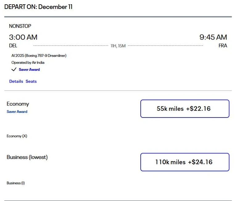 United award search Delhi to Frankfurt Air India nonstop 55,000 miles economy 110,000 miles business