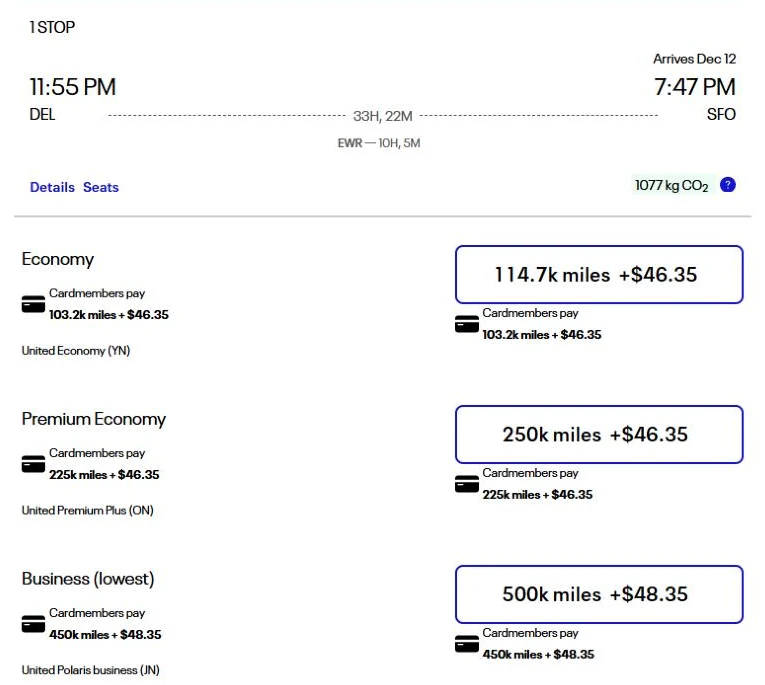 United award search Delhi to San Francisco via Newark Polaris business 500,000 miles